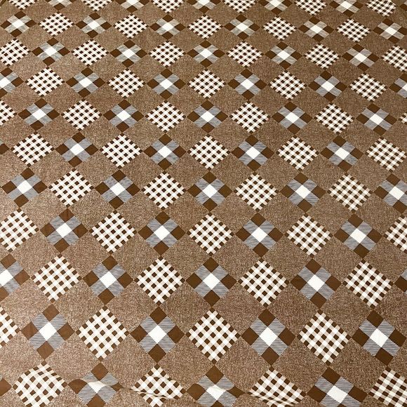 Vtg Thomaston Mills Retro Patchwork Check Flat Sheet Brown 81x104 Fabric Remnant - Picture 1 of 4